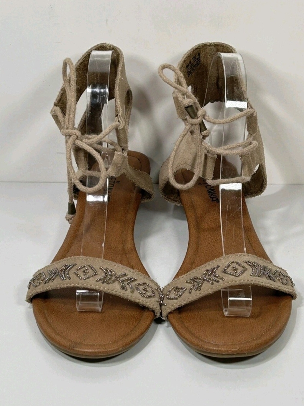 Minnetonka Beige Suede Beaded Lace-Up Sandals